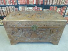 A Chinese carved camphor wood chest (W102 x D49 x H6)