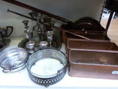 A collection of plated ware, glass claret jug, reproduction miner's lamp, warming pan,