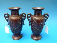 A pair of Japanese bronze vases, Meiji period,
