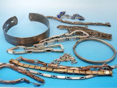 A white metal bangle, hallmarked silver bracelet,  silver bangle with heart shape decoration,