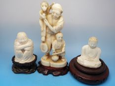 Two Japanese carved ivory figures together with other figure group of two figures and a monkey