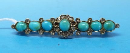 A bar brooch set with turquoise and diamonds and two silver items