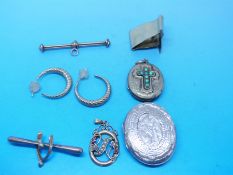 A 9ct gold bar brooch, 9ct gold pendant set with rubies and seed pearls, yellow metal earrings,