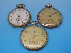 Three keyless c1930 gentleman's pocket watches with Arabic numerals, an Elgin, a Cyma and a Temp,