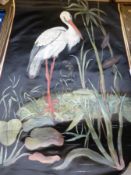 Three Oriental silk wall hangings with hand painted decoration of lillies,