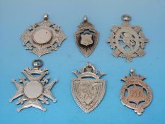 Six various silver watch fobs, including Maltese cross,