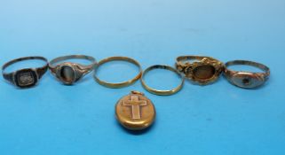 A small collection of rings to include two high grade wedding bands (marks rubbed),