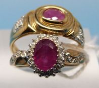 Two 9ct gold rings set with rubies and diamonds (size L and size N)