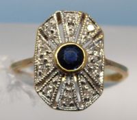 An 18ct gold ring set with a central sapphire surrounded by diamonds in an Art Deco design (size M)