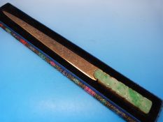 A Chinese letter opener with inset jadeite handle and engraved blade