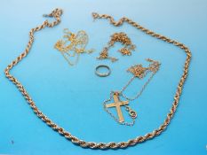 A 9ct gold rope twist necklace, yellow metal cross pendant marked 9ct,