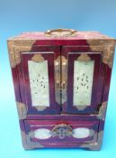 A Chinese brass-bound jade-inset table top jewellery cabinet,