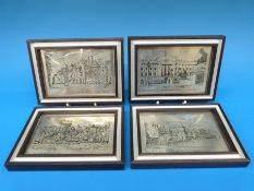 A set of four boxed and framed hallmarked silver pictures for the 1977 Silver Jubilee depicting the