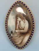 A Georgian mourning brooch/ pendant set with a miniature painted on ivory of a young women with her