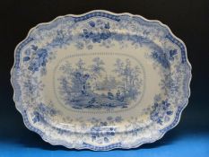 A large Fairy Villas stone china blue and white meat plate with gadrooned edge (55 x 44cm)