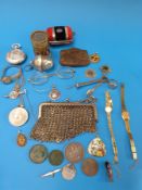 9ct gold tie pin, silver Victorian Crown, mesh purse, sterling ring, spectacles,