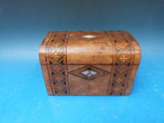 A 19thC Tunbridge ware inlaid dome topped two division tea caddy