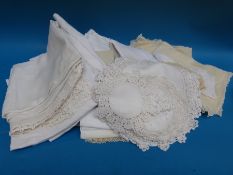 A quantity of vintage linen and handmade lace including Maltese lace collar and two pairs of cuffs,