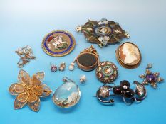 A micro mosaic brooch, a cameo brooch in a yellow metal surround, 9ct gold and pearl earrings,