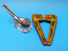 An Edwardian cased hallmarked silver pipe with burr wood body and silver mounts with hinged and