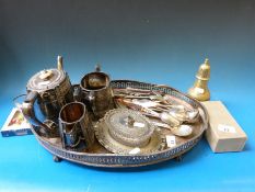 A collection of plated ware including a tea set on tray,