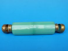 A late 19thC 10 sided green cut glass double ended scent bottle with brass fittings