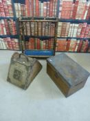 A walnut and brass mounted coal scuttle together with a bamboo stick stand and a metal trunk