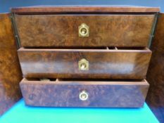 A 19thC burr walnut campaign style collector's cabinet or cigar humidor,