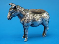 A silver pin cushion in the form of a donkey, B'ham 1909, maker Robert Pringle and Sons, 5.