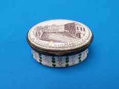 An oval-shaped Bilston enamel patch box, the top decorated with a street scene 