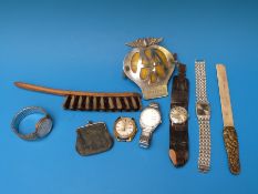 Five various wrist watches etc including an AA badge and a page turner
