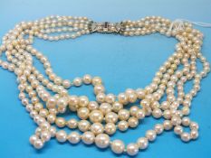 A five strand pearl necklace with a platinum and 9ct gold clasp set with four square cut rubies and