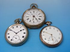 A centre seconds chronograph wristwatch together with two other keyless wind pocket watches