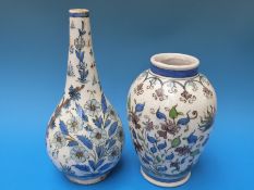 Two Persian vases with stylized floral decoration on a cream ground (longest 31cm)