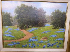 S Myles: Oil landscape of path through a meadow with blue flowers (signed)