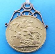 A mounted 1910 gold full sovereign