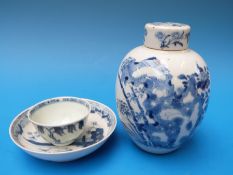A Kangxi period Chinese blue and white jar together with a blue and white 18thC tea bowl (largest