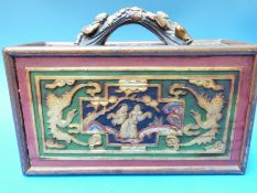 An early 20thC Chinese bone and bamboo Mah Jong set in ornate carved box with figural handle