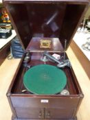 An HMV wooden cased wind up gramophone