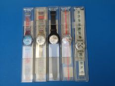 Five various Swatch wristwatches: Instrumental GK364, NRGTK GK343, Hairy Harry GX129,