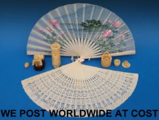 Two Chinese bone / ivory fans together with other ivory/bone items
