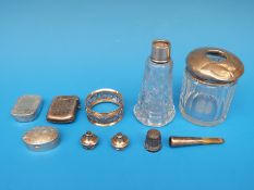 A hallmarked silver vesta case, white metal patch case, silver thimble,