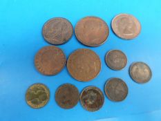 A small collection of Victorian copper etc, including an 1855 penny and an 1896 penny with lustre,