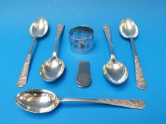 A set of five Chinese white metal spoons with birds in pine tree landscape decoration (weight 184g)