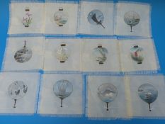 Twelve small Japanese paintings on silk of vases and fans