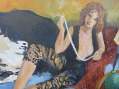 An oil on canvas (unframed) 'Lady Reclining with a String of Pearls',