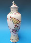A 19thC covered Chinese wucai-baluster vase with warrior decoration (33cm tall)