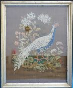 A Victorian cross stitch embroidery cross of a pheasant