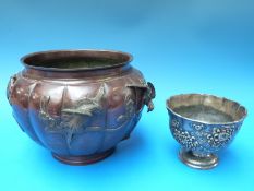 A Japanese metal jardiniere decorated with birds and a pewter pedestal bowl with all-over