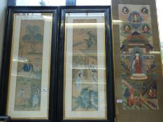 A pair of Chinese paintings of court scenes together with a Tibetan thangka (tallest 83cm)